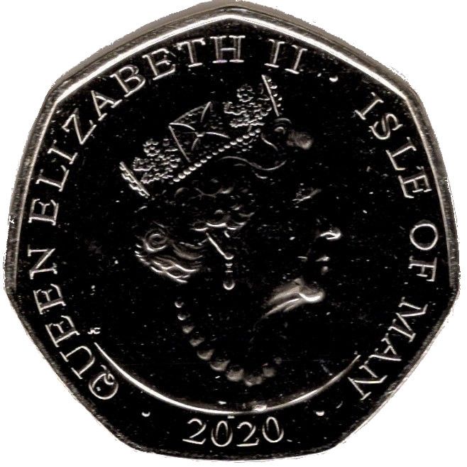 Isle of Man 50 Pence - Elizabeth II Peter Pan and Tinker Bell; colourised version obverse