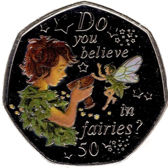 Isle of Man 50 Pence - Elizabeth II Peter Pan and Tinker Bell; colourised version