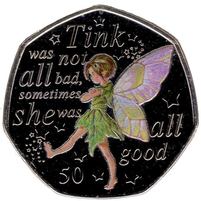 Isle of Man 50 Pence - Elizabeth II Tinker Bell; colourised version reverse