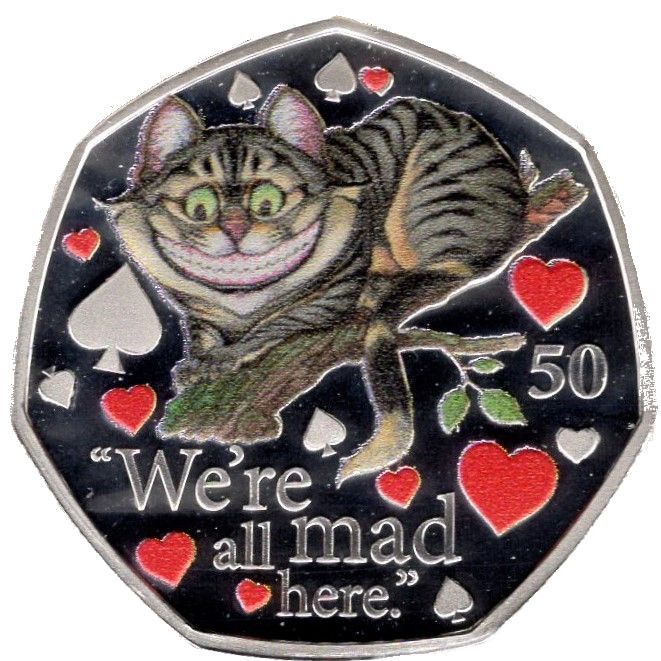 Isle of Man 50 Pence - Elizabeth II Cheshire Cat; Silver Proof reverse