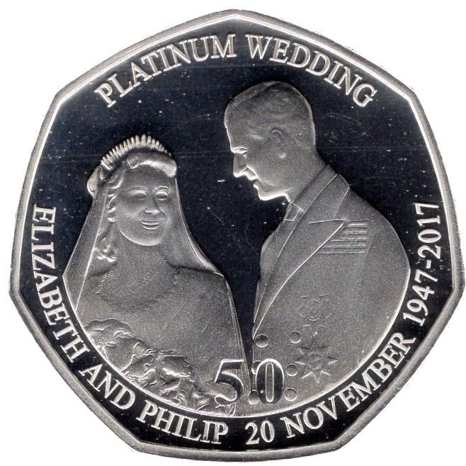 Isle of Man 50 Pence - Elizabeth II Platinum Wedding - The Royal Wedding; Silver Proof reverse