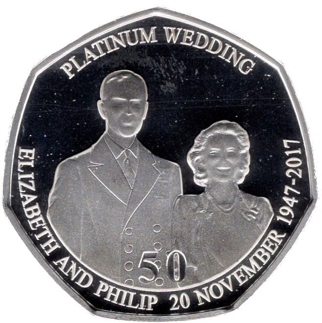 Isle of Man 50 Pence - Elizabeth II Platinum Wedding - The Royal Engagement; Silver Proof reverse
