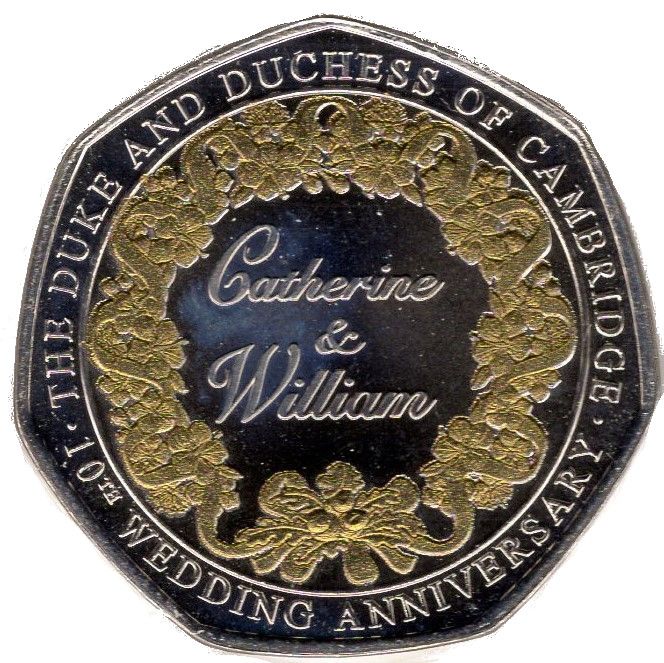 Gibraltar 50 Pence - Elizabeth II The Duke and Duchess of Cambridge 10th Wedding Anniversary; Selective Gold Ink reverse