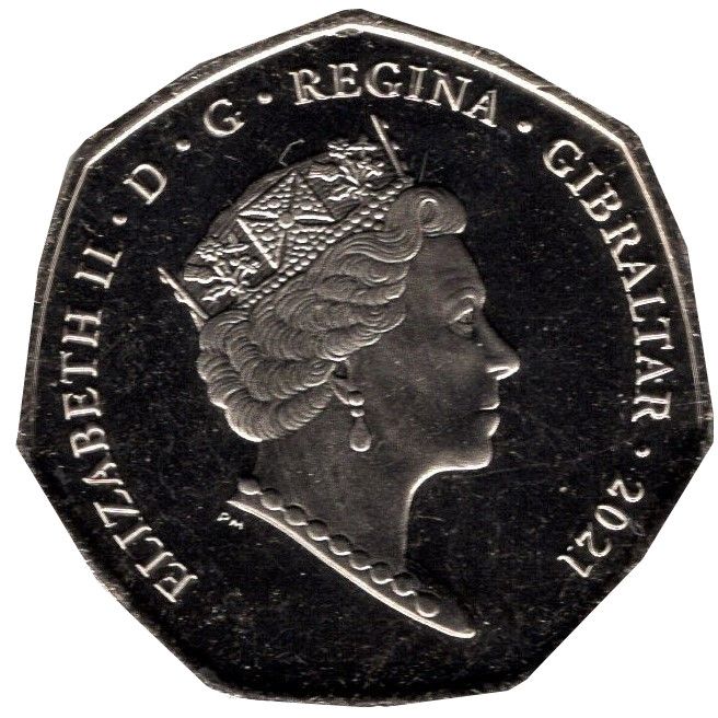 Gibraltar 50 Pence - Elizabeth II Summer Olympic Games - Equestrian; colourised version obverse