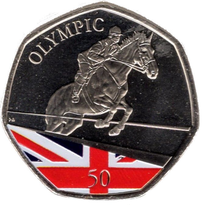 Gibraltar 50 Pence - Elizabeth II Summer Olympic Games - Equestrian; colourised version reverse