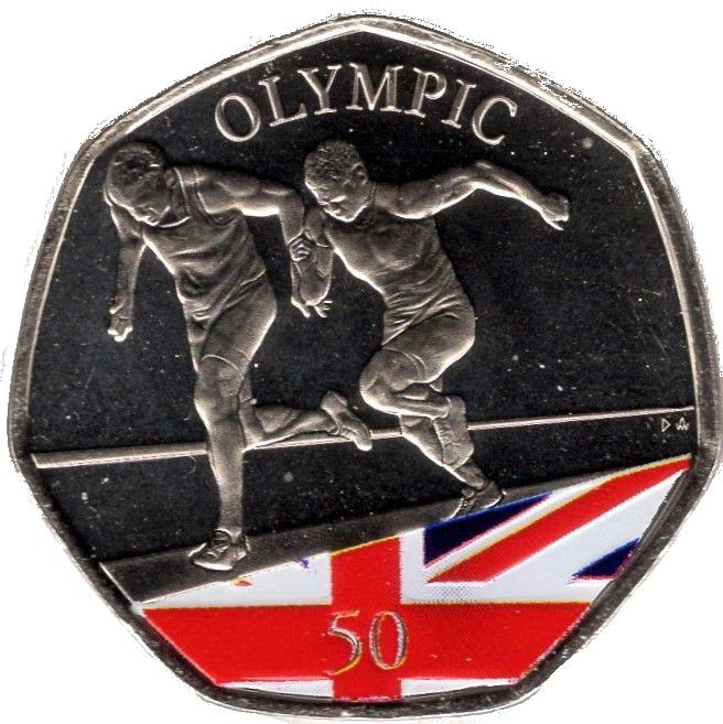Gibraltar 50 Pence - Elizabeth II Summer Olympic Games - Sprinting; colourised version reverse