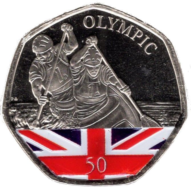 Gibraltar 50 Pence - Elizabeth II Summer Olympic Games - Kayak; colourised version reverse