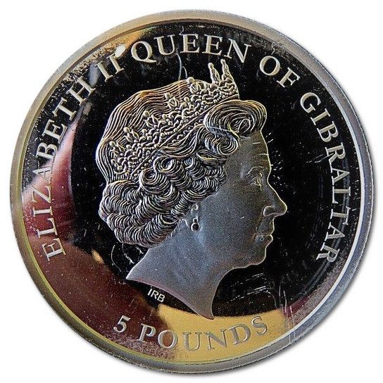 Gibraltar 5 Pounds - Elizabeth II Barbary Ape; Platinum obverse