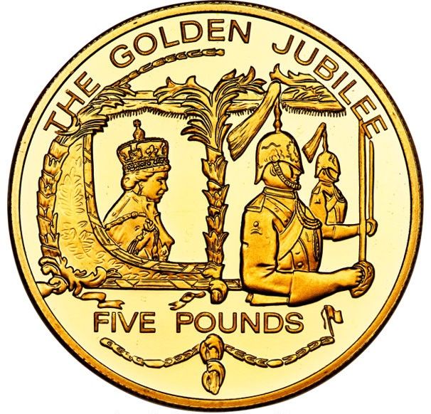 Guernsey 5 Pounds - Elizabeth II Golden Jubilee; Gold Piedfort reverse