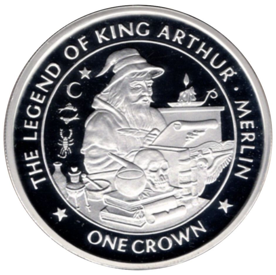 Isle of Man 1 Crown - Elizabeth II Merlin; Silver Proof reverse