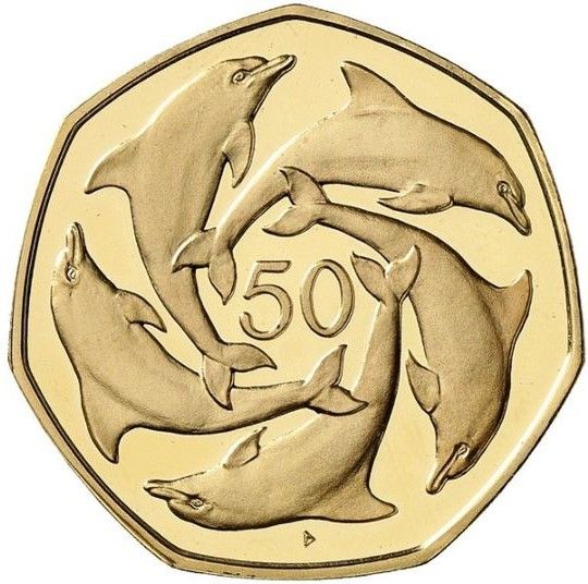 Gibraltar 50 Pence - Elizabeth II Dolphins - large type; Gold Proof