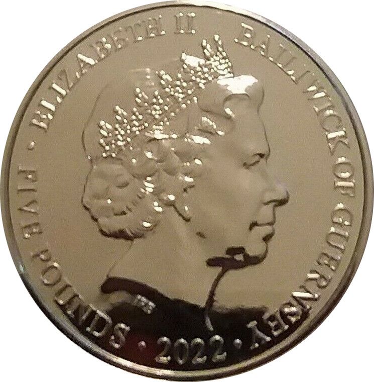 Guernsey 5 Pounds - Elizabeth II Platinum Jubilee; Colourised obverse