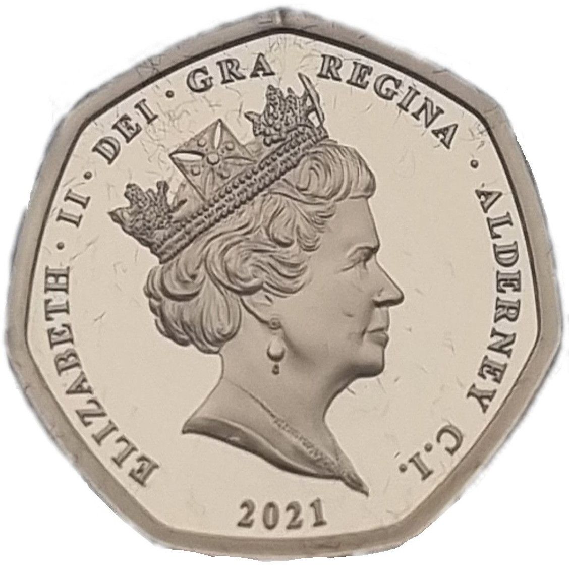 Alderney ½ Sovereign - Elizabeth II Decimal anniversary obverse