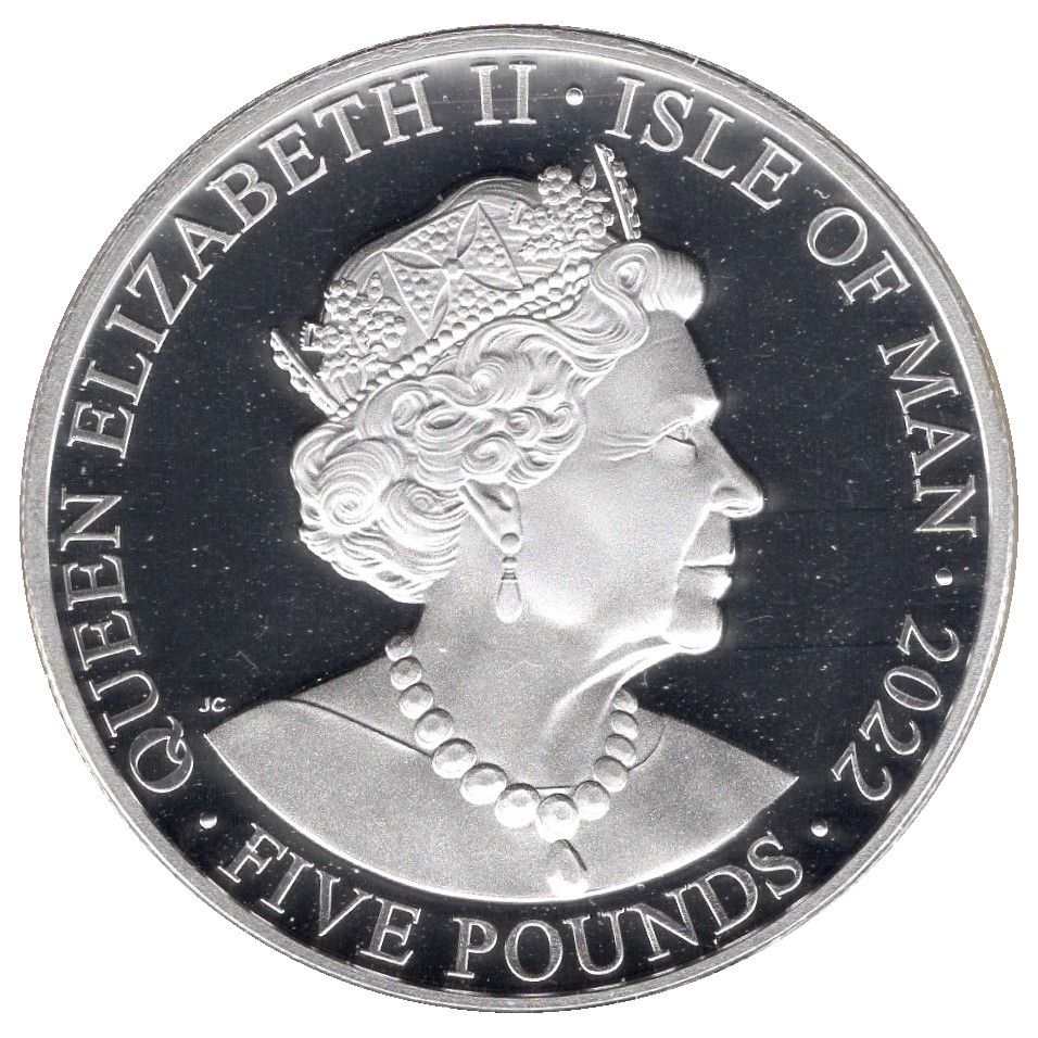 Isle of Man 5 Pounds - Elizabeth II Platinum Jubilee; Silver proof obverse