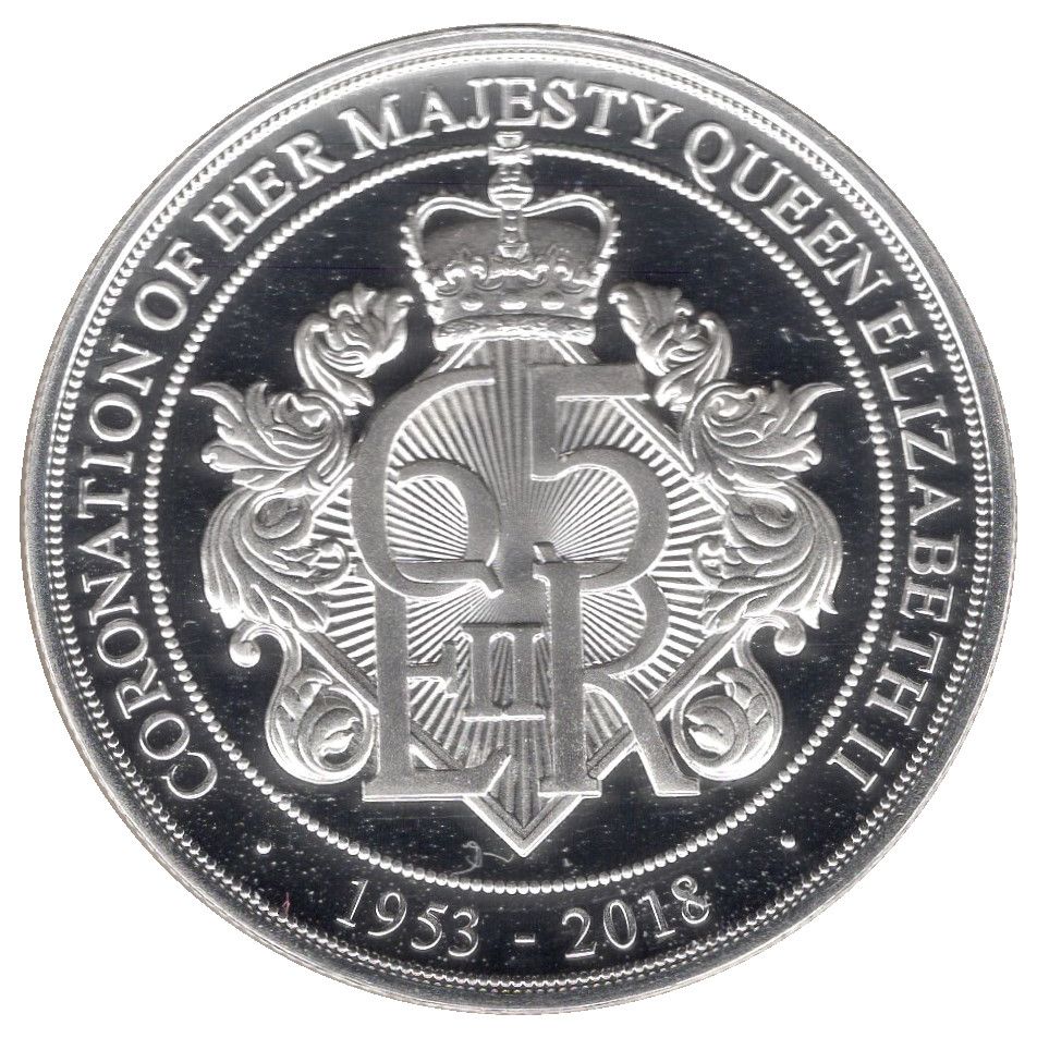 Isle of Man 5 Pounds - Elizabeth II 65th Coronation Anniversary; Silver proof reverse