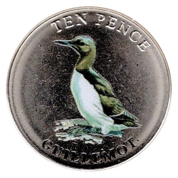 Guernsey 10 Pence - Elizabeth II Guillemot; Colourised reverse