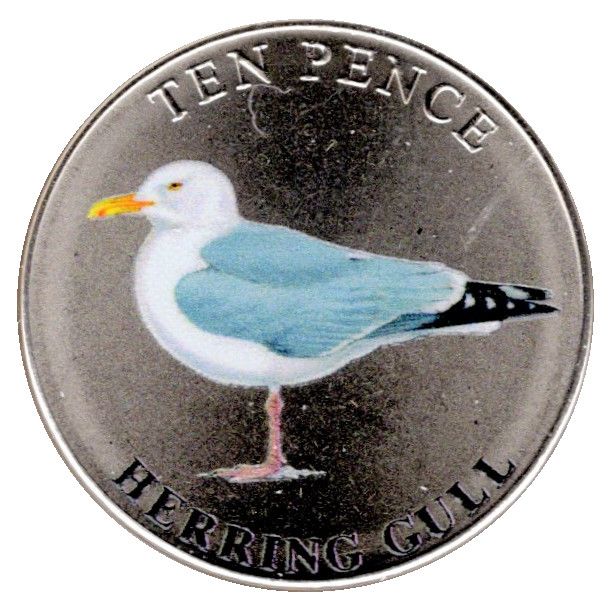 Guernsey 10 Pence - Elizabeth II Herring Gull; Colourised reverse