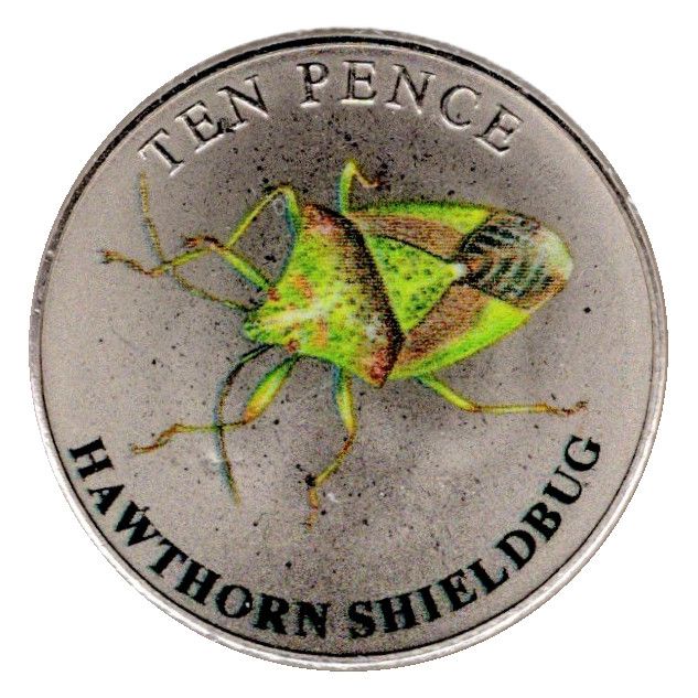 Guernsey 10 Pence - Elizabeth II Hawthorn Shieldbug; Colourised reverse