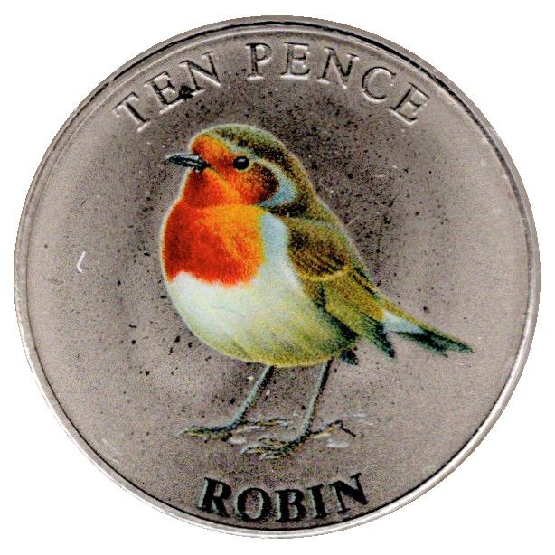 Guernsey 10 Pence - Elizabeth II Robin; Colourised reverse