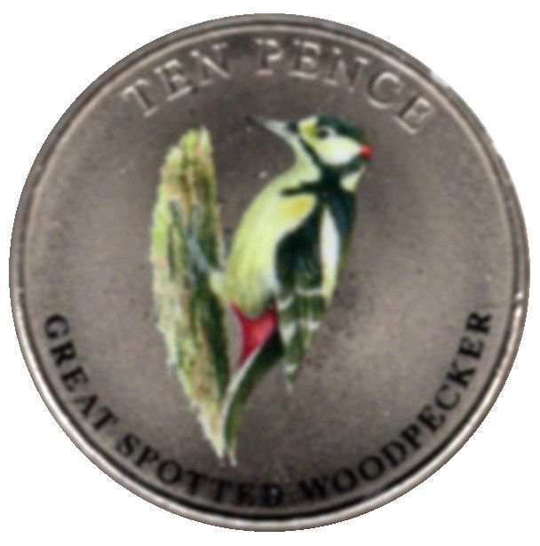Guernsey 10 Pence - Elizabeth II Great Spotted Woodpecker; Colourised reverse
