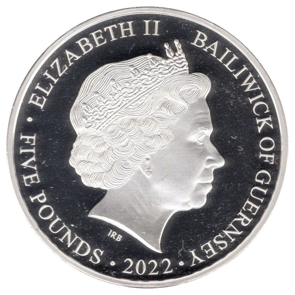 Guernsey 5 Pounds - Elizabeth II Platinum Jubilee; Silver proof with gold plating obverse
