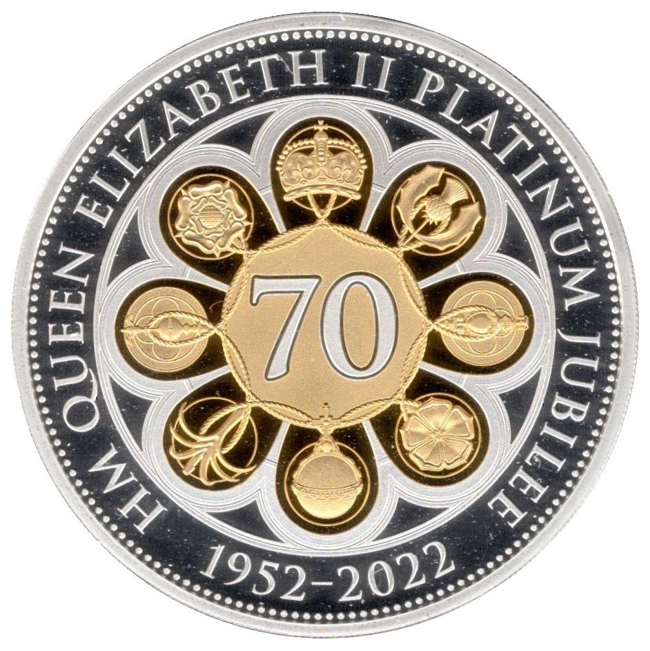 Guernsey 5 Pounds - Elizabeth II Platinum Jubilee; Silver proof with gold plating