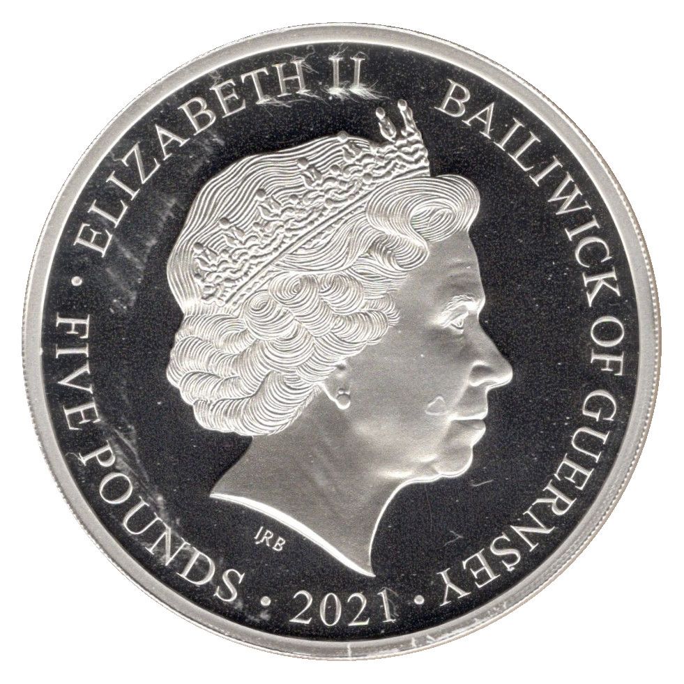 Guernsey 5 Pounds - Elizabeth II Decimalisation; Silver proof obverse