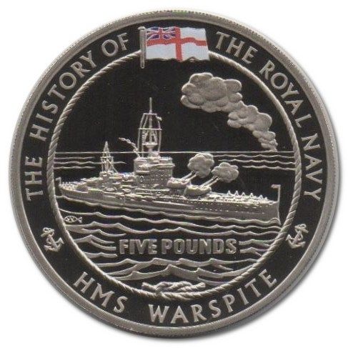 Alderney 5 Pounds - Elizabeth II H.M.S. Warspite; 4th Portrait reverse