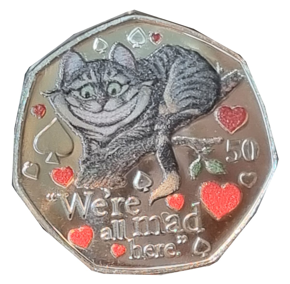 Isle of Man 50 pence - Elizabeth II Cheshire Cat; colourised reverse