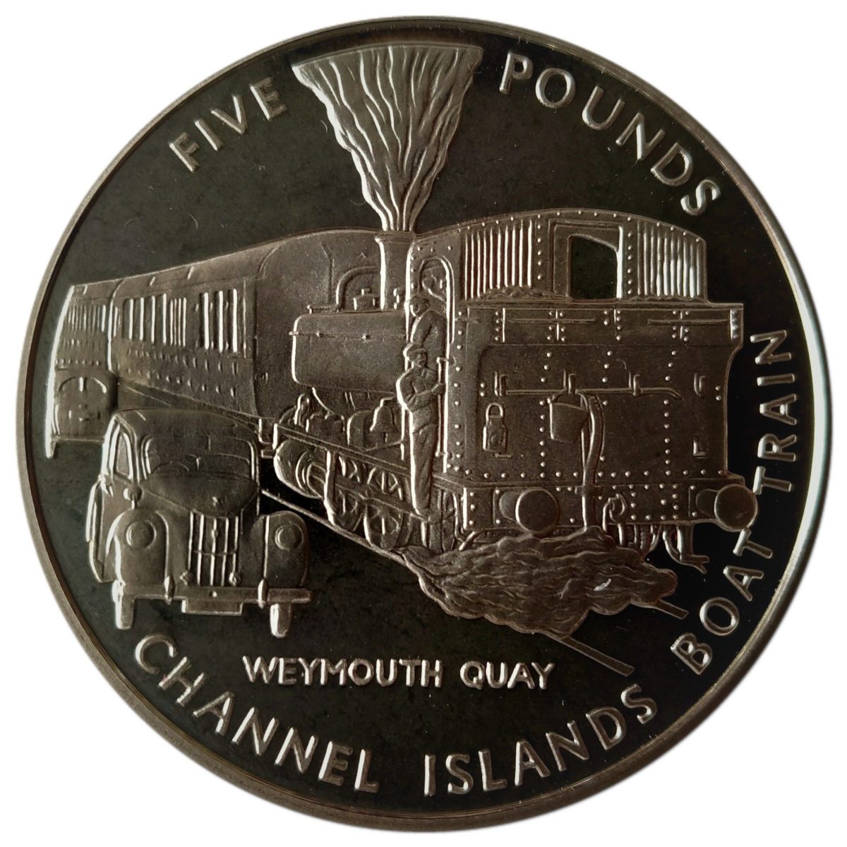 Guernsey 5 Pounds - Elizabeth II Channel Islands Boat Train; Silver Proof