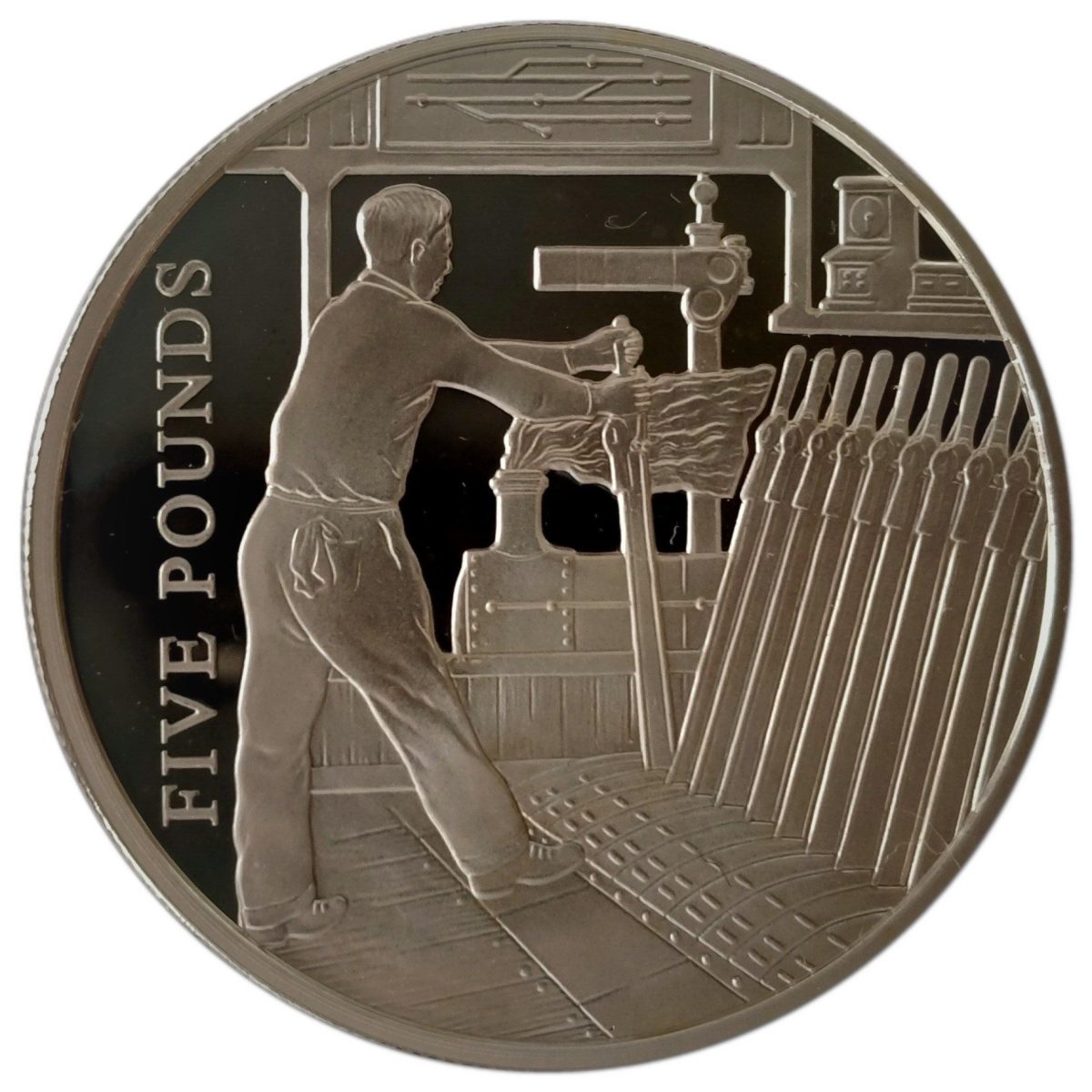 Guernsey 5 Pounds - Elizabeth II Signalman; Silver Proof reverse