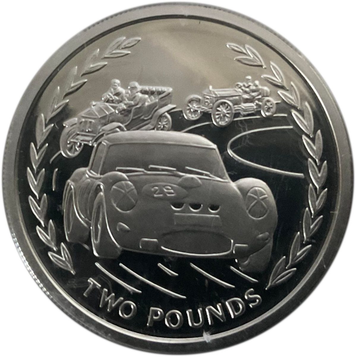 Isle of Man 2 Pounds - Elizabeth II Three race cars; Silver Proof