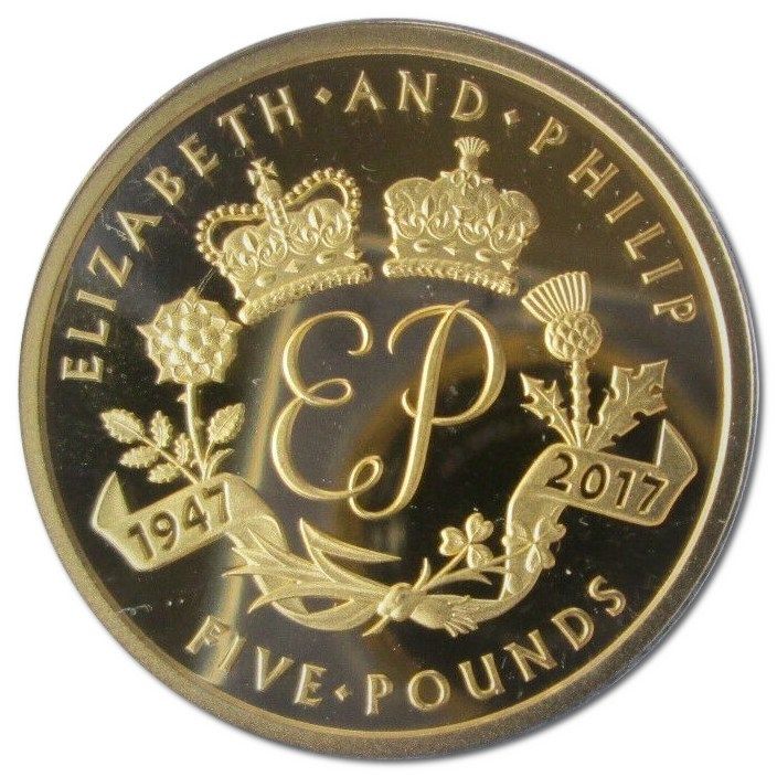 Alderney 5 Pounds - Elizabeth II Platinum Wedding - EP; Gold-Plated