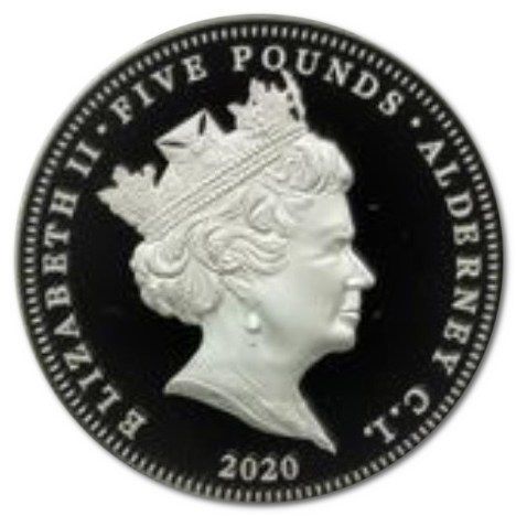 Alderney 5 Pounds - Elizabeth II Three Graces, Silver obverse