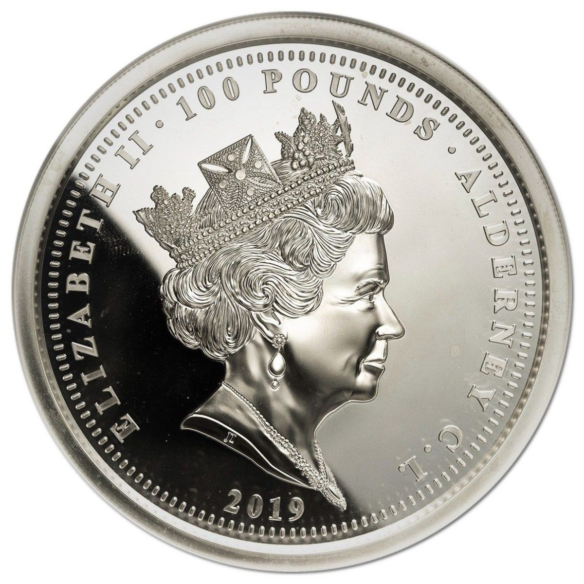 Alderney 100 Pounds - Elizabeth II Una and the Lion; Silver obverse