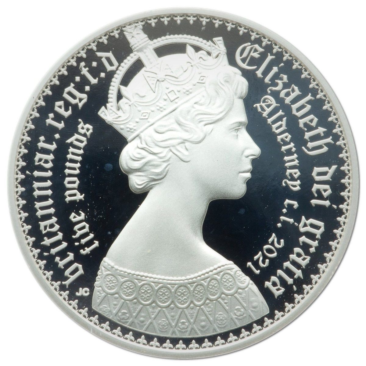Alderney 5 Pounds - Elizabeth II Gothic - Quartered Arms; Silver Piedfort obverse