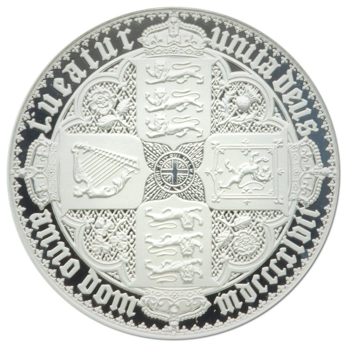 Alderney 5 Pounds - Elizabeth II Gothic - Quartered Arms; Silver Piedfort reverse