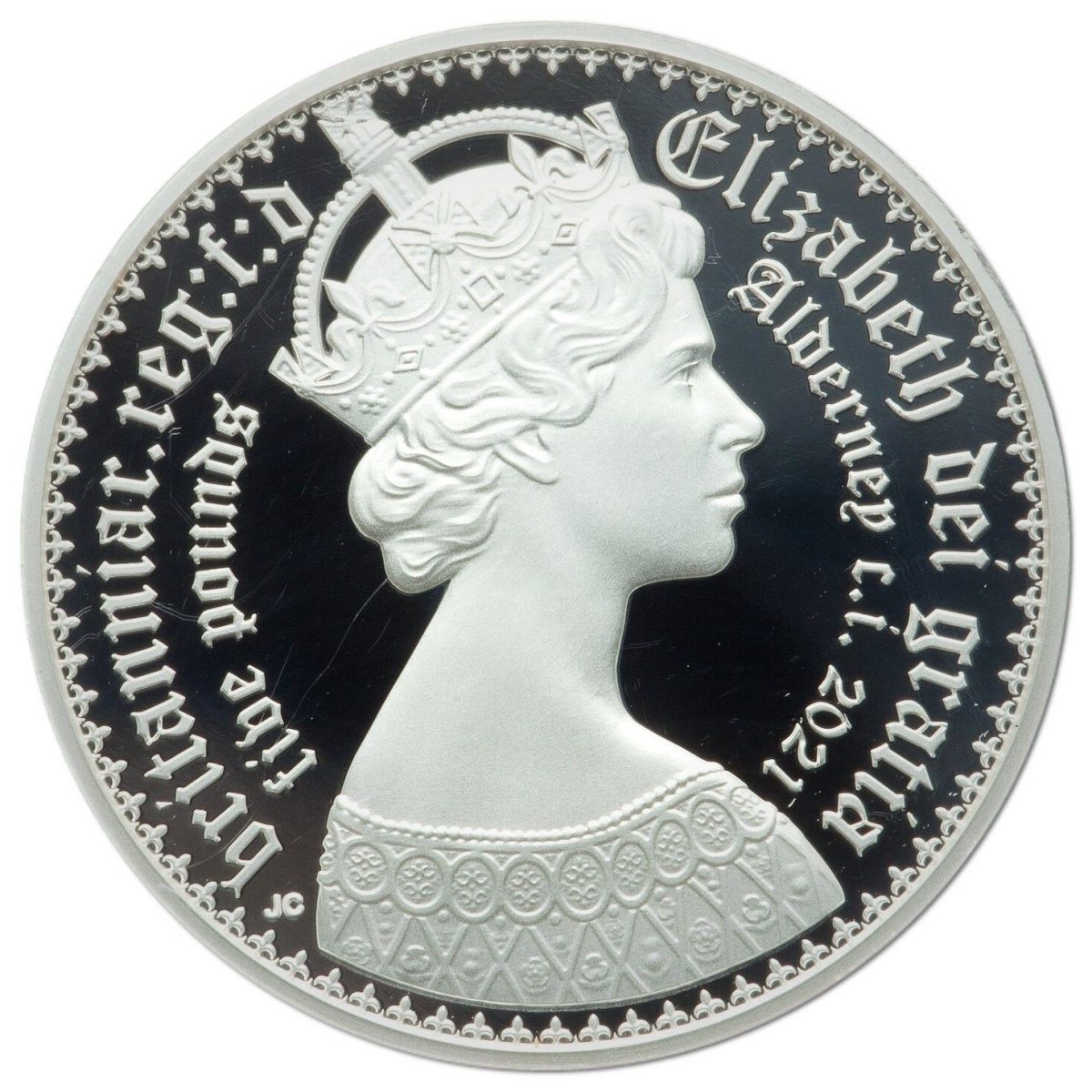 Alderney 5 Pounds - Elizabeth II Gothic - Portrait; Silver Piedfort obverse