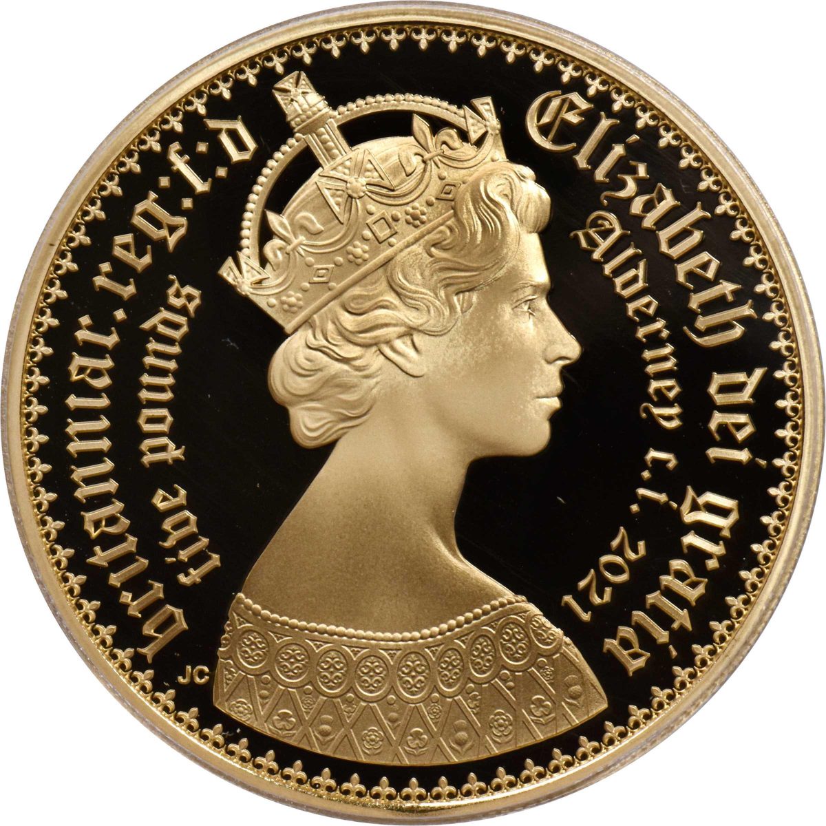 Alderney 5 Pounds - Elizabeth II Gothic - Quartered Arms; Gold obverse