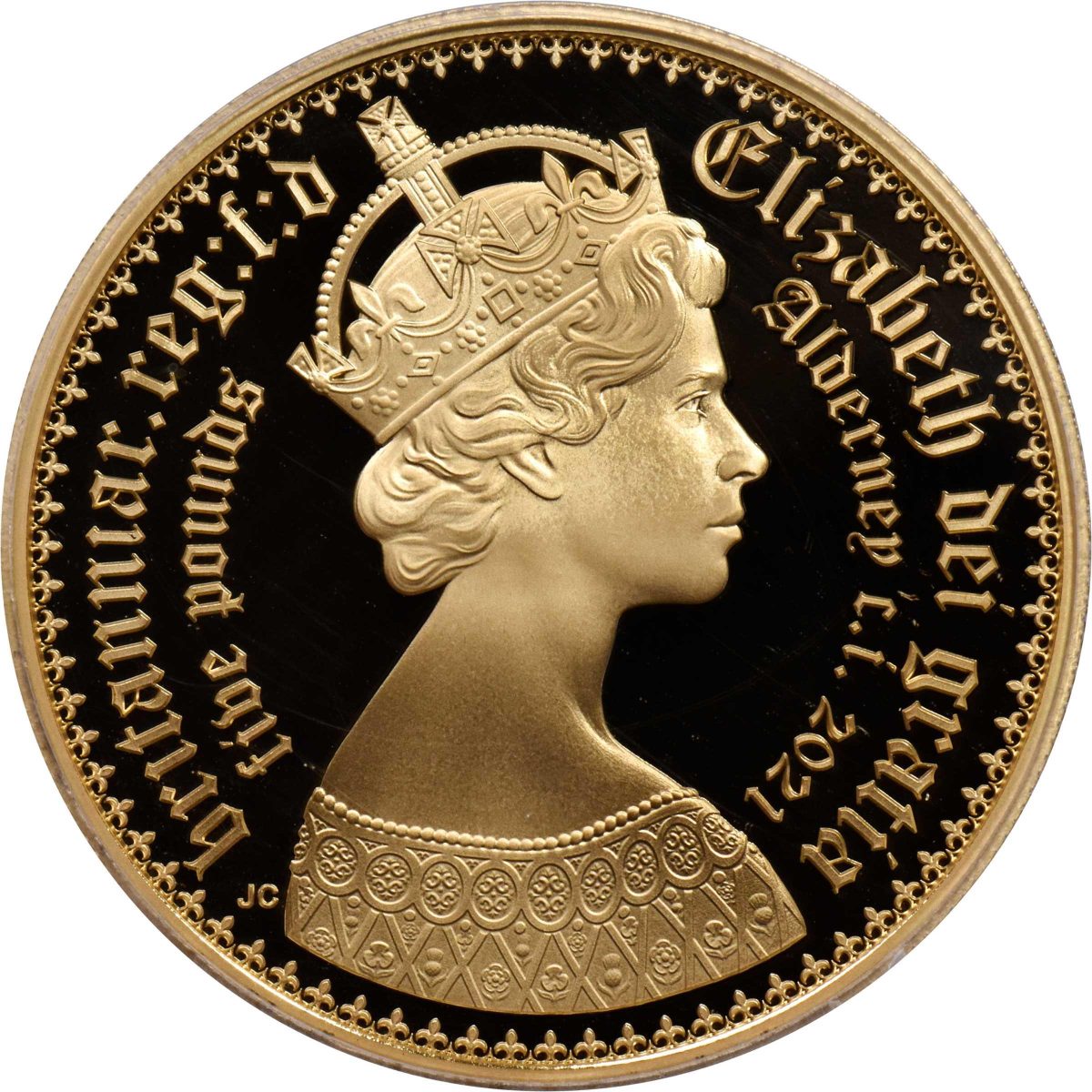 Alderney 5 Pounds - Elizabeth II Gothic - Portrait; Gold obverse