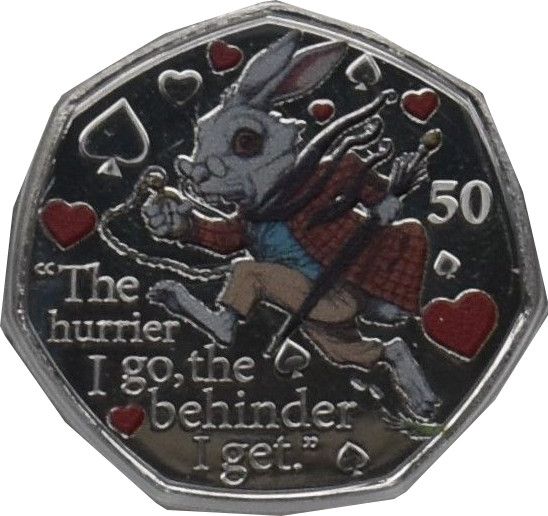 Isle of Man 50 Pence - Elizabeth II The White Rabbit; Colorized reverse
