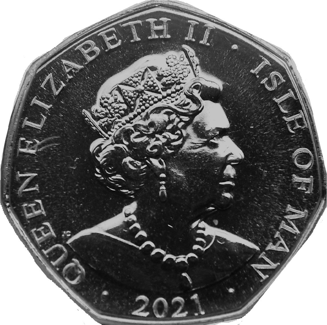 Isle of Man 50 Pence - Elizabeth II Queen of Hearts; colourised obverse