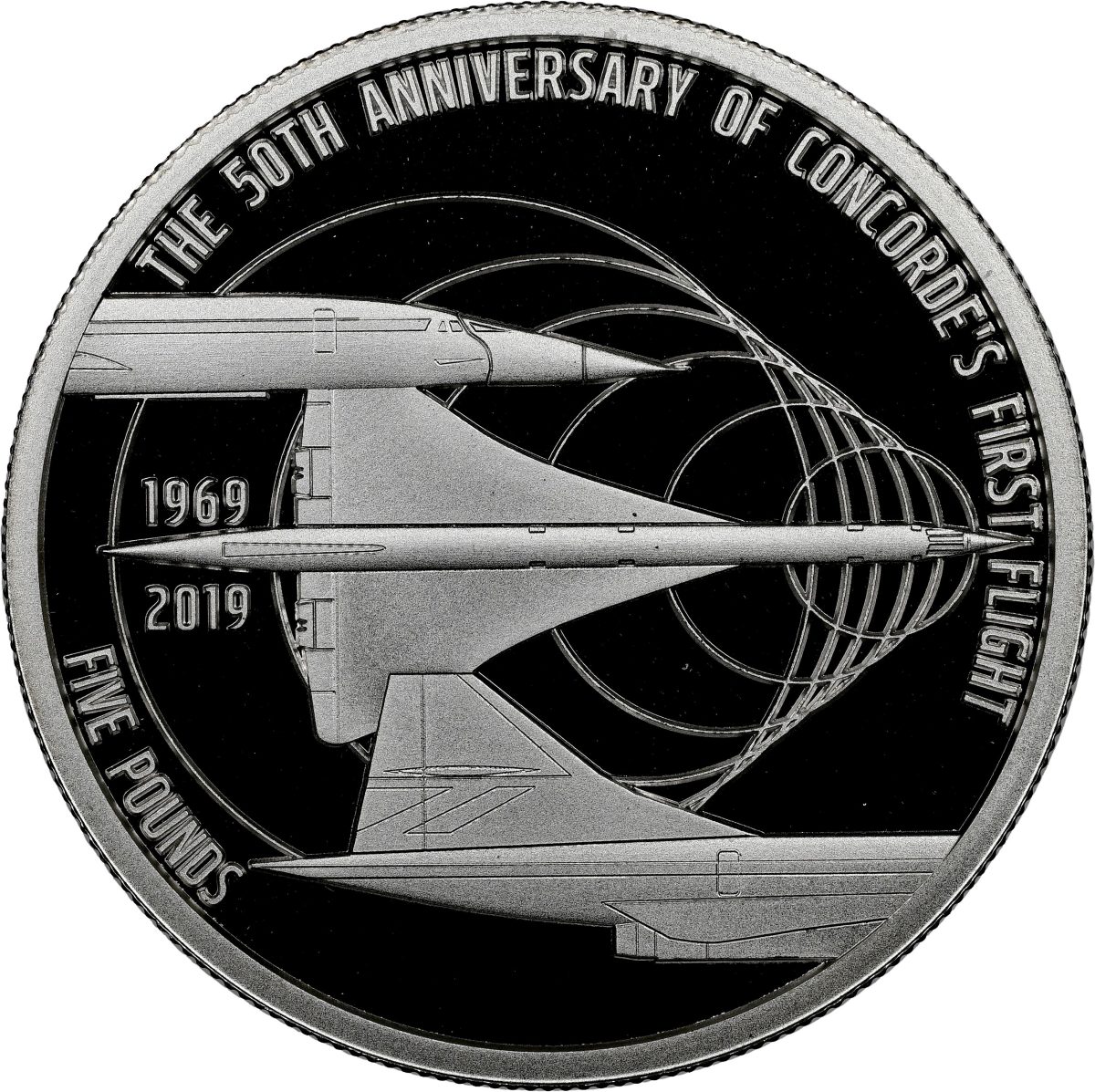 Alderney 5 Pounds - Elizabeth II The 50th Anniversary of Concorde; Silver reverse