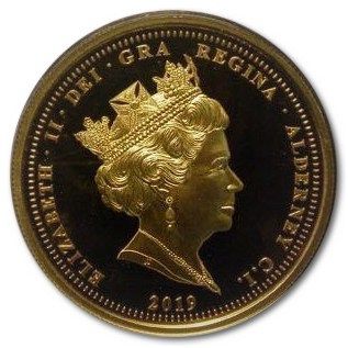 Alderney 5 Pounds - Elizabeth II The 50th Anniversary of the Moon Landing; Gold Proof obverse