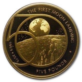 Alderney 5 Pounds - Elizabeth II The 50th Anniversary of the Moon Landing; Gold Proof reverse