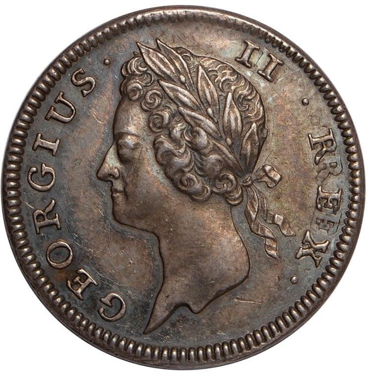 Ireland 1 Farthing - George II Type I, Silver, Proof obverse