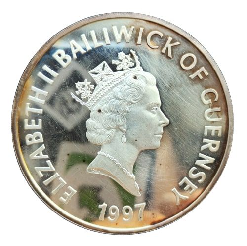 Guernsey 10 Pounds - Elizabeth II Golden Wedding - Silver obverse