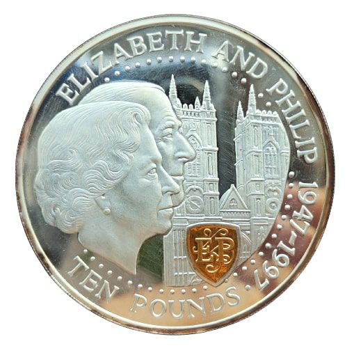 Guernsey 10 Pounds - Elizabeth II Golden Wedding - Silver