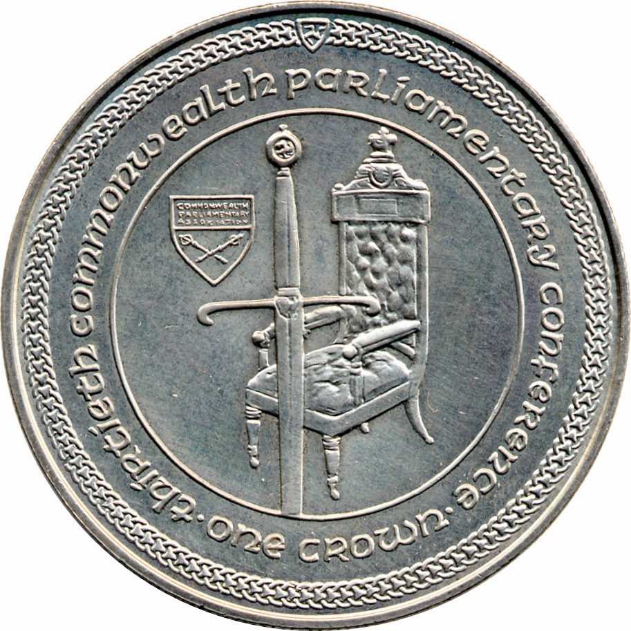 Isle of Man 1 Crown - Elizabeth II Commonwealth Parliamentary ConferenceSpeaker Gawne's chair; reverse