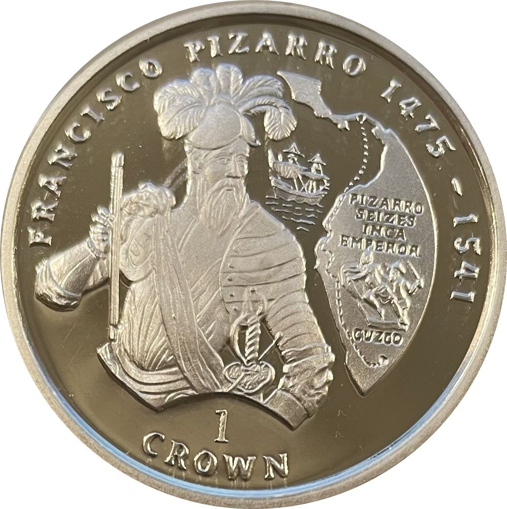 Isle of Man 1 Crown - Elizabeth II Francisco Pizarro; Silver Proof